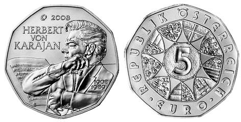 Австрия, 5 евро 2008 год, Герберт фон Караян