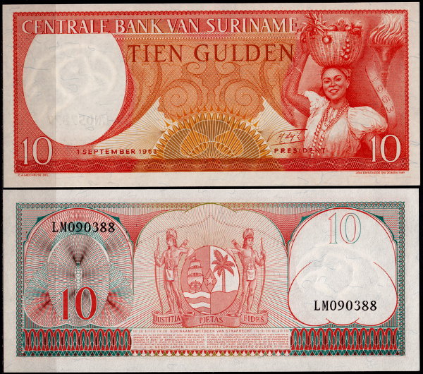 Суринам 10 гульденов 1963 (UNC Pick 121)