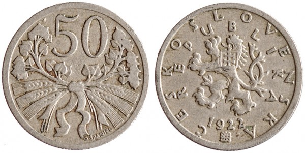 Чехословакия, 50 геллеров 1922 год, XF