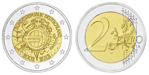 Германия, 2 евро 2012 год, 10 лет введения в обращение евро