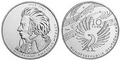 Германия, 10 евро 2006 D (UNC) 250 лет со дня рождения Вольфганга Амадея Моцарта