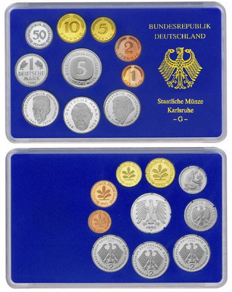 ФРГ, Набор монет 1992G года, ПРУФ