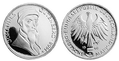 Германия, 5 марок 1968 год, Иоганн Гутенберг, ПРУФ