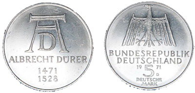 Германия, 5 марок 1971 год, Альбрехт Дюрер