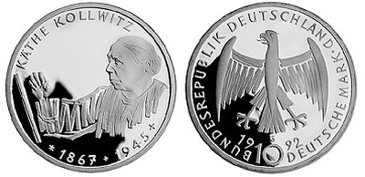 Германия, 10 марок 1992 год, Кэте Кольвиц, ПРУФ