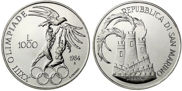 Сан Марино, 1000 лир 1984 (UNC, серебро) XXIII летние Олимпийские игры в Лос-Анджелесе