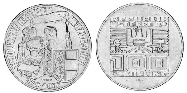 Австрия, 100 шиллингов 1976 год, 1000 лет герцогству Каринтия