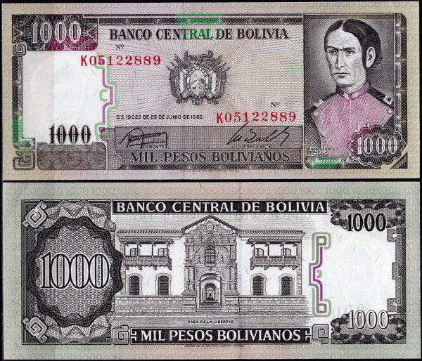 Боливия 1000 песо 1982 (UNC Pick 167)
