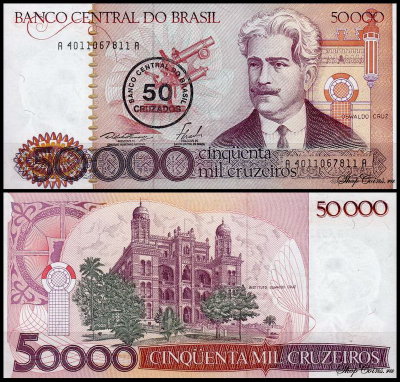 Бразилия 50 крузадо 1986 (UNC Pick 207) На банкноте 50000 крузейро