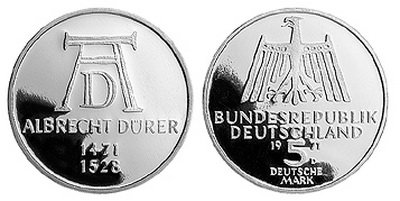 Германия, 5 марок 1971 год, Альбрехт Дюрер, ПРУФ