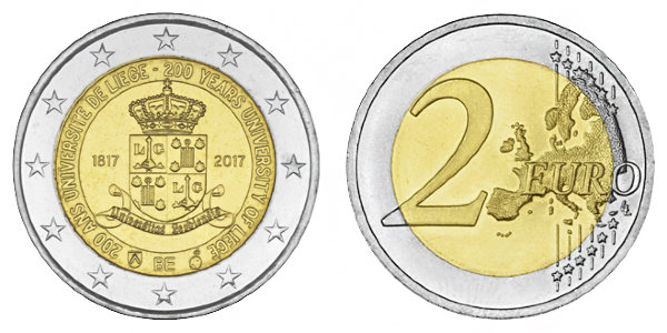 Бельгия, 2 евро 2017 год, 200 лет Льежскому университету