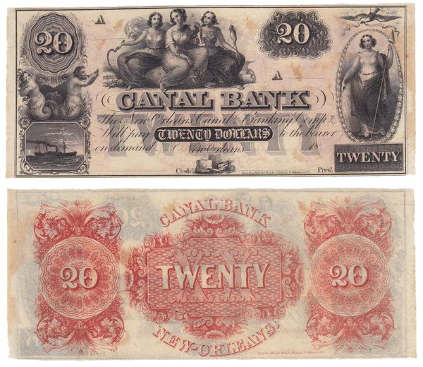 США 20 долларов 1860-е (UNC) Новый Орлеан, Луизиана. Canal Bank