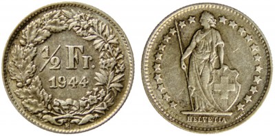 Швейцария, 1/2 франка 1944 год, XF