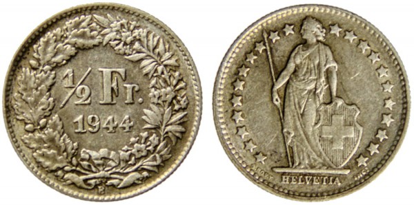 Швейцария, 1/2 франка 1944 год, XF
