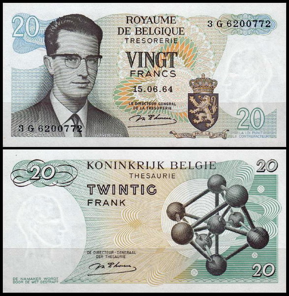 Бельгия 20 франков 1964 (UNC Pick 138)