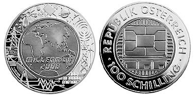 Австрия, 100 шиллингов 2000 год, Миллениум, ПРУФ