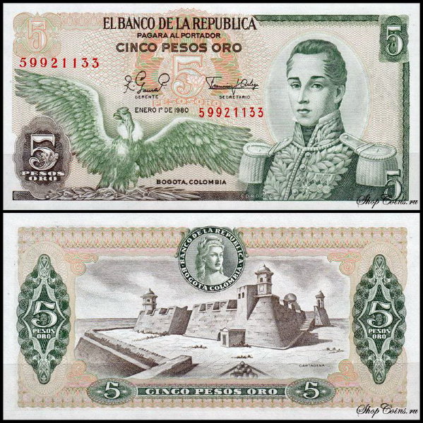 Колумбия 5 песо 1961-1981 (UNC Pick 406)
