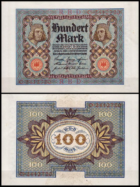 Германия 100 марок 1920 UNC P.69a 7-значный номер