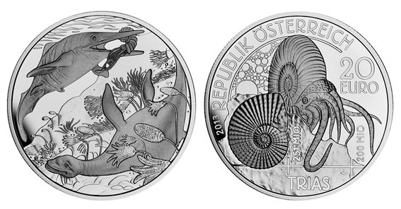 Австрия, 20 евро 2013 год, Триасовый период, Ихтиозавр, аммонит и нотозавр, ПРУФ