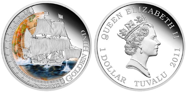 Тувалу, 1 доллар 2011 год, Парусник «Golden Hind», ПРУФ