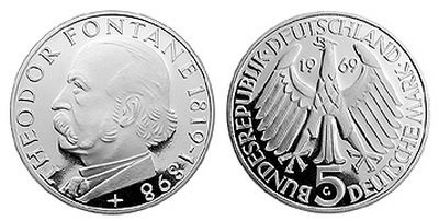 Германия, 5 марок 1969 год, Теодор Фонтане, ПРУФ