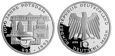 Германия, 10 марок 1993 год, 1000 лет Потсдаму, ПРУФ