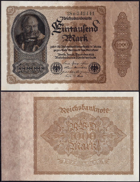 Германия 1000 марок 1922 UNC P.82 Коричневая бумага
