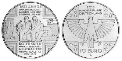 Германия, 10 евро 2013 A (UNC, никель) 150-летие движению Красного Креста и Красного Полумесяца
