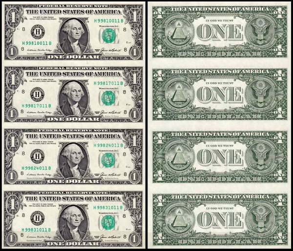 США 1 доллар 1985 (UNC Pick 474) Federal Reserve Note. 1/8 листа