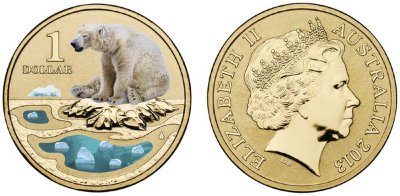 Австралия, 1 доллар 2013 (UNC, бронза) Белый медведь