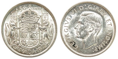 Канада, 50 центов 1942 год, UNC, серебро