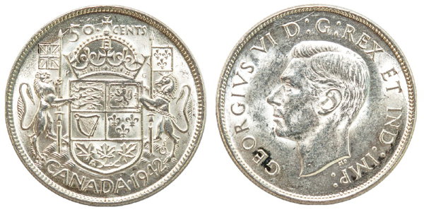 Канада, 50 центов 1942 год, UNC, серебро