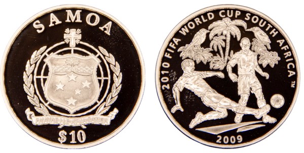 Самоа, 10 долларов 2009 год,  ЧМ по футболу в ЮАР