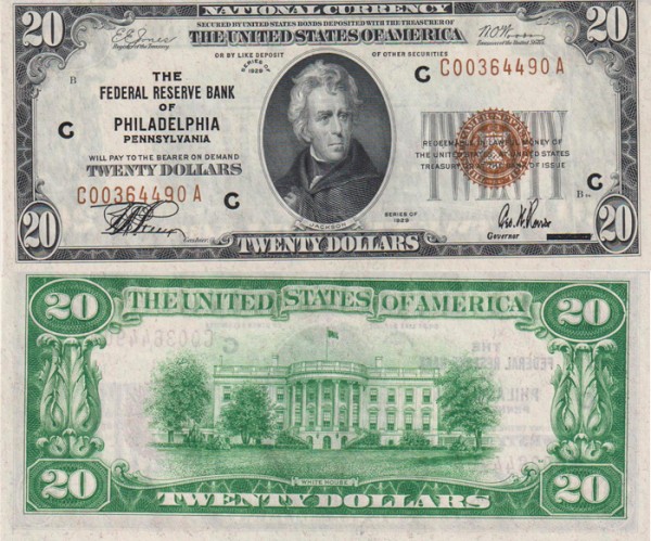 США 20 долларов 1929 (UNC Pick 397) National Currency. Typ 2