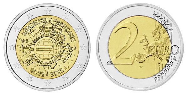 Франция, 2 евро 2012 (UNC) 10 лет в составе Европейского союза