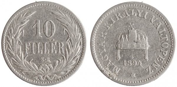 Венгрия, 10 филлеров 1894 год, XF