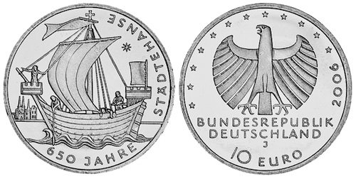 Германия, 10 евро 2006 J (UNC) 650 лет союзу немецких свободных ганзейских городов