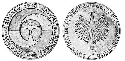 Германия, 5 марок 1982 год, Экологическая конференция ООН