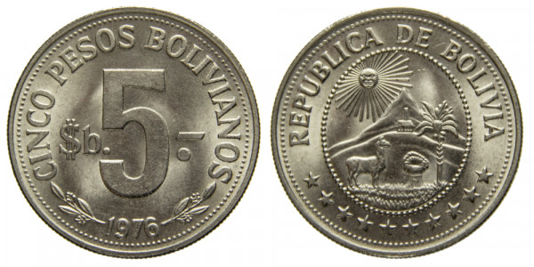 Боливия, 5 песо 1976 год