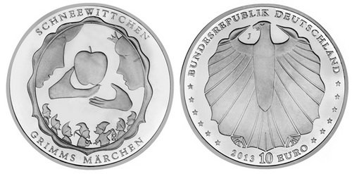 Германия, 10 евро 2013 J (UNC, никель) Сказки братьев Гримм, Белоснежка