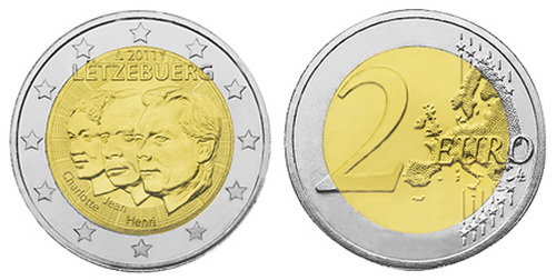 Люксембург, 2 евро 2011 (UNC) 50 лет назначения наследного Великого герцога Жана титулом «лейтенант-представитель»