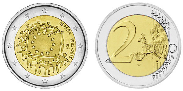 Испания, 2 евро 2015 год, 30 лет флагу ЕС