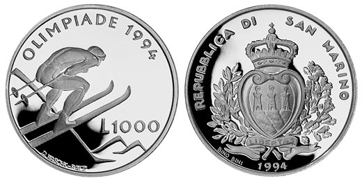 Сан Марино, 1000 лир 1994 (PROOF, серебро) XVII зимние Олимпийские игры в Лиллехаммере