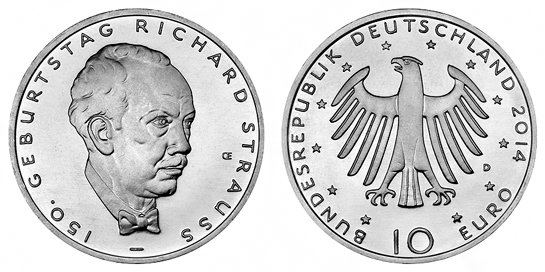Германия, 10 евро 2014 D (UNC, никель) 150 лет со дня рождения композитора Рихарда Штрауса