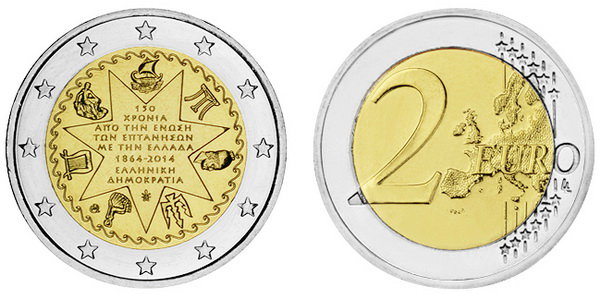 Греция, 2 евро 2014 год, 150 лет союза Ионических островов с Грецией