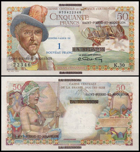 Сен-Пьер и Микелон 1 франк 1960 (UNC Pick 30) На банкноте 50 франков