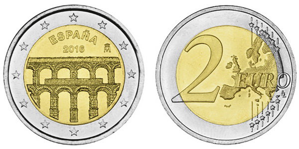Испания, 2 евро 2016 год, Сеговия с римским акведуком