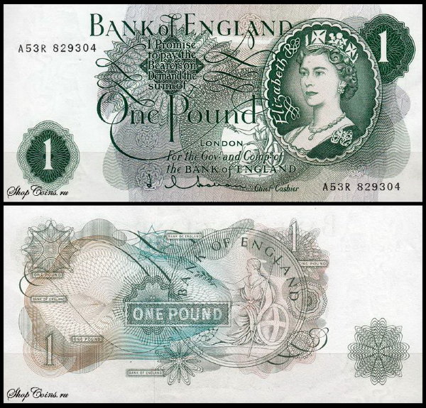 Англия 1 фунт 1962-1966 (UNC Pick 374с) Подпись J.Q.Hollom