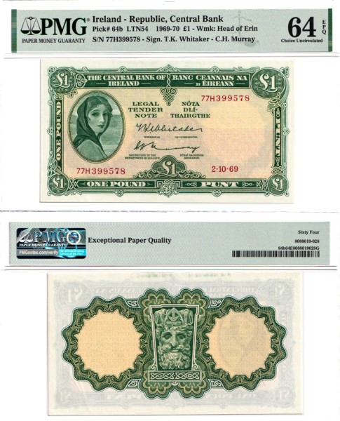 Ирландия 1 фунт 1969-70 (UNC Pick 64b) PMG-64