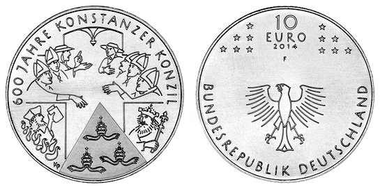 Германия, 10 евро 2014 F (UNC, никель) 600 лет вселенскому собору, проходившему в городе Констанца